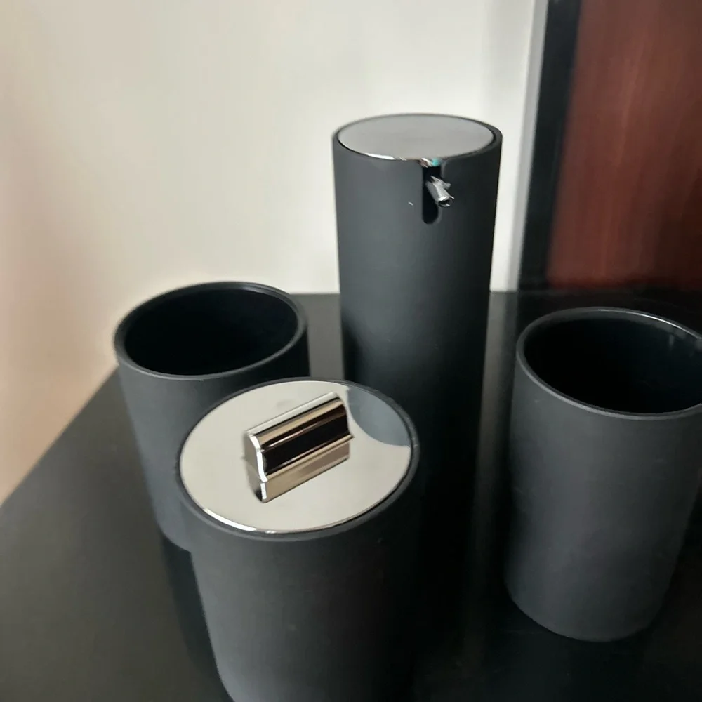 4 pieces bath accessories Black and Silver Cylinder modern Containers